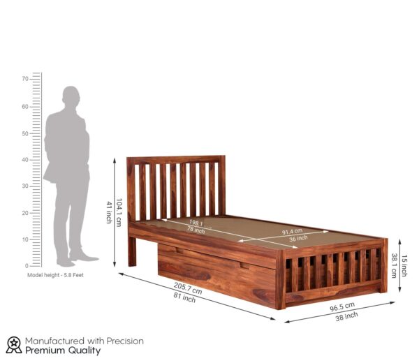 Ferrovilla Konpe Single Sheesham Wood Bed with Drawer Storage for Bedroom - Image 2