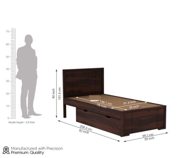 Ferrovilla Werol Dark Single Sheesham Wood Bed with Drawer Storage for Bedroom - Image 2