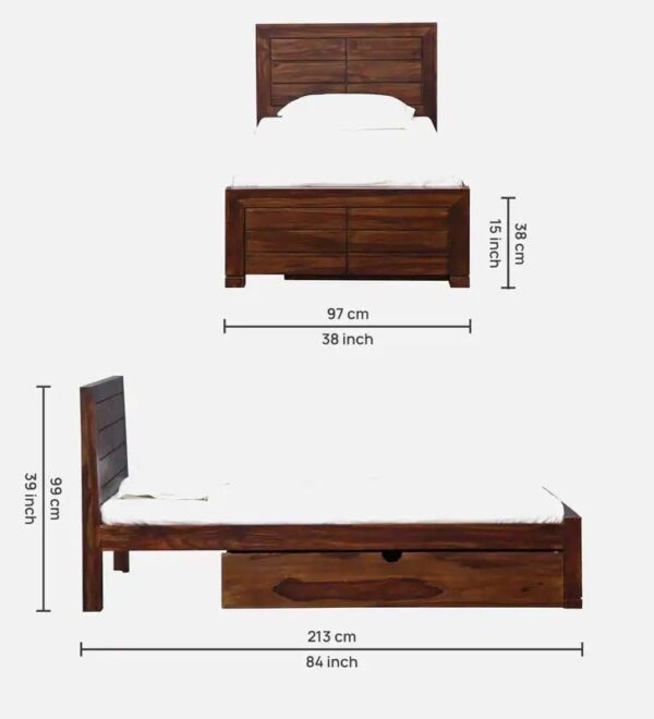 Ferrovilla NWS3 Single Sheesham Wood Bed with Drawer Storage for Bedroom - Image 2