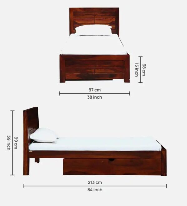 Ferrovilla NWS4 Single Sheesham Wood Bed with Drawer Storage for Bedroom - Image 2