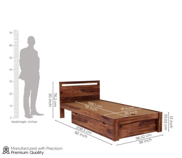 Ferrovilla Miken Single Sheesham Wood Bed with Drawer Storage for Bedroom - Image 2