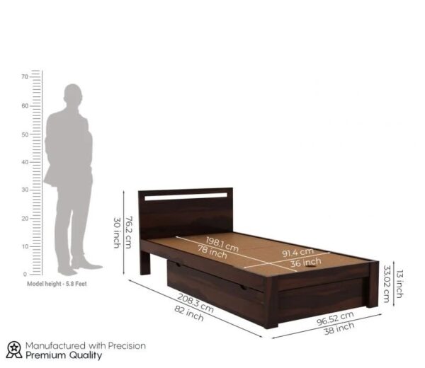 Ferrovilla Miken Dark Single Sheesham Wood Bed with Drawer Storage for Bedroom - Image 2