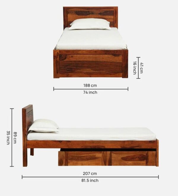 Ferrovilla NWS2 Single Sheesham Wood Bed with Drawer Storage for Bedroom - Image 2