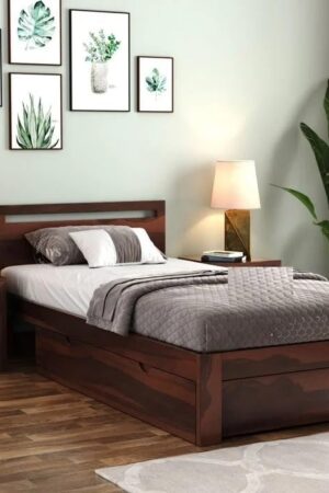 Ferrovilla Miken Dark Single Sheesham Wood Bed with Drawer Storage for Bedroom
