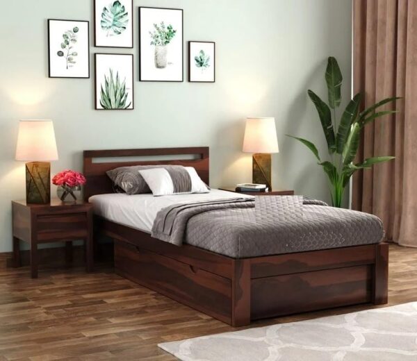Ferrovilla Miken Dark Single Sheesham Wood Bed with Drawer Storage for Bedroom