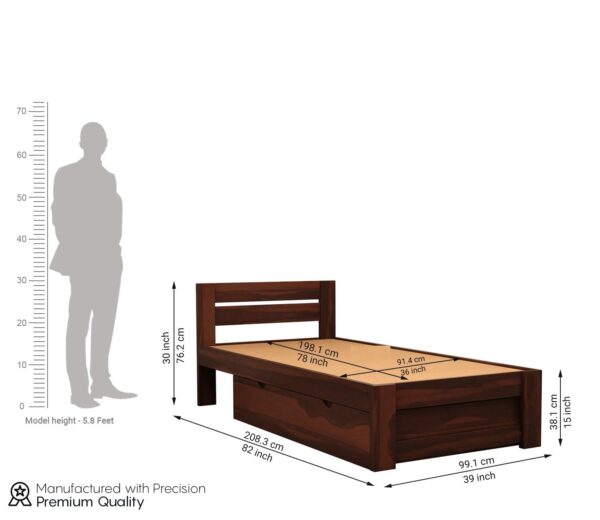 Ferrovilla Donzon Dark Single Sheesham Wood Bed with Drawer Storage for Bedroom - Image 2