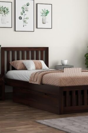 Ferrovilla Konpe Dark Single Sheesham Wood Bed with Drawer Storage for Bedroom