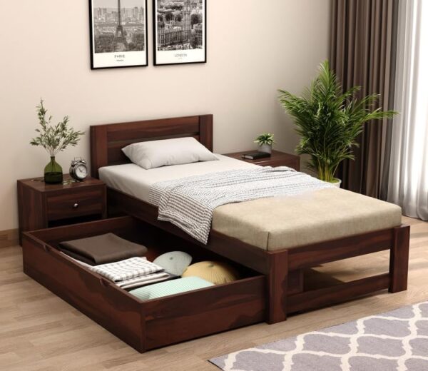 Ferrovilla Donzon Dark Single Sheesham Wood Bed with Drawer Storage for Bedroom - Image 5