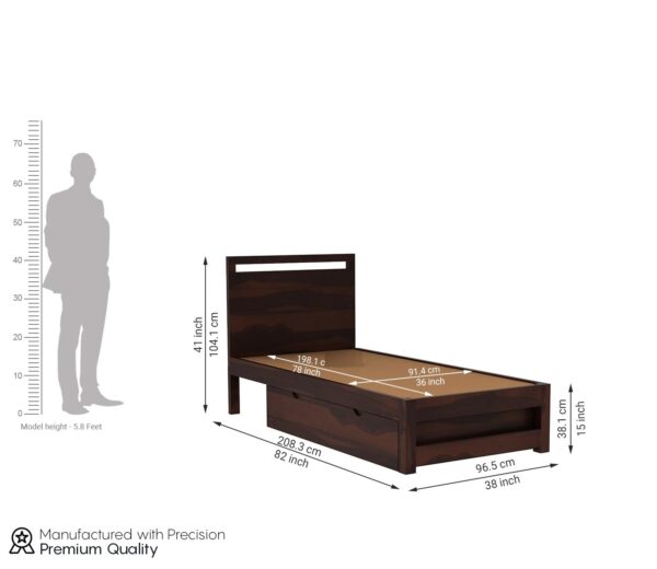 Ferrovilla Lozep Dark Single Sheesham Wood Bed with Drawer Storage for Bedroom - Image 2