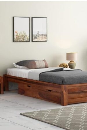 Ferrovilla Houts Single Sheesham Wood Bed with Drawer Storage for Bedroom