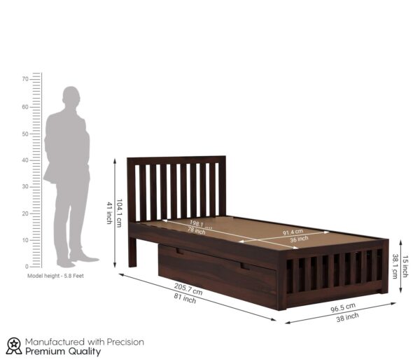 Ferrovilla Konpe Dark Single Sheesham Wood Bed with Drawer Storage for Bedroom - Image 2