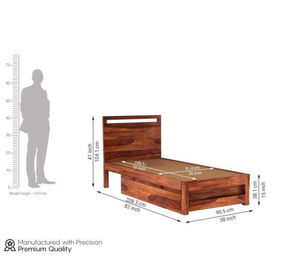 Ferrovilla Lozep Single Sheesham Wood Bed with Drawer Storage for Bedroom - Image 2