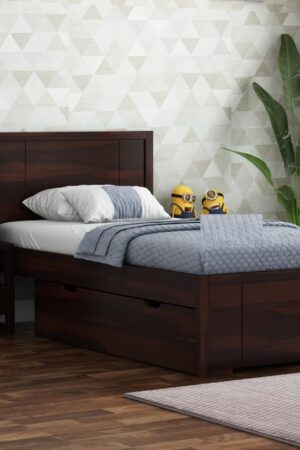 Ferrovilla Werol Dark Single Sheesham Wood Bed with Drawer Storage for Bedroom